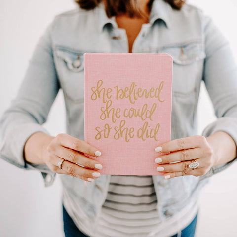 She Believed She Could Pink and Gold Fabric Journal